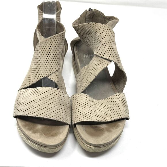 Eileen Fisher Beige Nubuck Leather Platform Sandals Cross Strap Back Zip - Picture 2 of 5